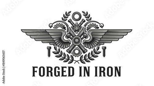 Intricate emblem featuring metallic wings and mechanical gear elements