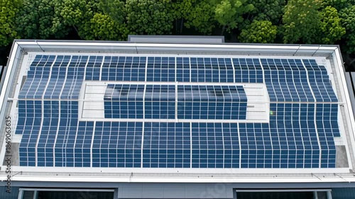 Aerial view of modern building rooftop covered with solar panel, surrounded by lush green tree and dense forest, showcasing sustainable energy, eco friendly clean technology, renewable electricity