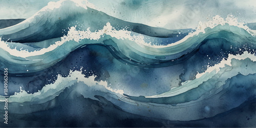 Blue watercolor abstract background featuring flowing paint waves, artistic texture, soft gradients, white center space and fluid artistic design