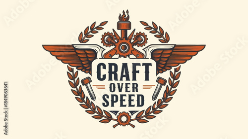 Vintage Engineering Emblem Featuring Gears Wrenches and Flames for