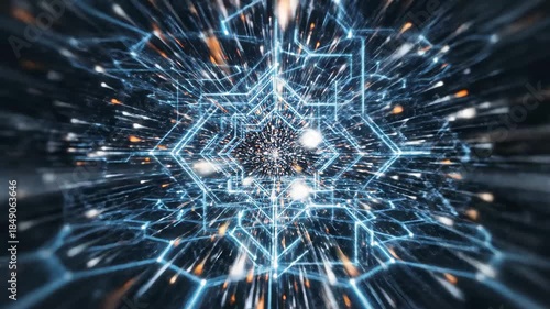 Futuristic tunnel with glowing blue hexagons and light effects