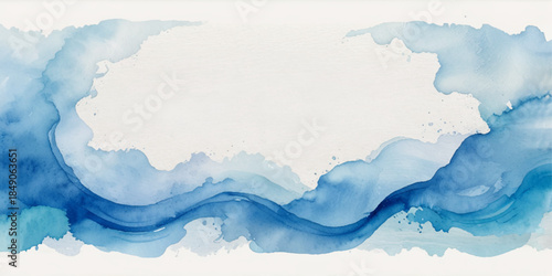 Blue watercolor abstract background featuring flowing paint waves, artistic texture, soft gradients, white center space and fluid artistic design