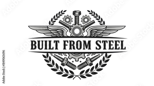 Industrial emblem highlighting steel construction with mechanical gears and