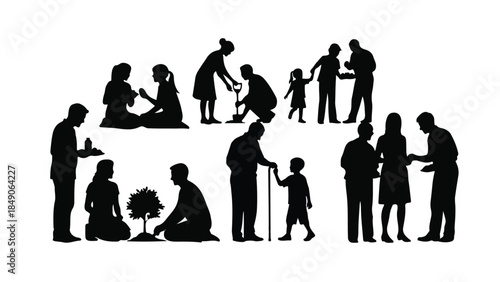 Diverse silhouettes of people engaging in various activities, representing community and connection.