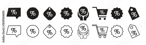 Shopping and discount symbols. percentage symbols in various badge styles for discounts and promotions.  special offer sale percentage symbol price tags. 