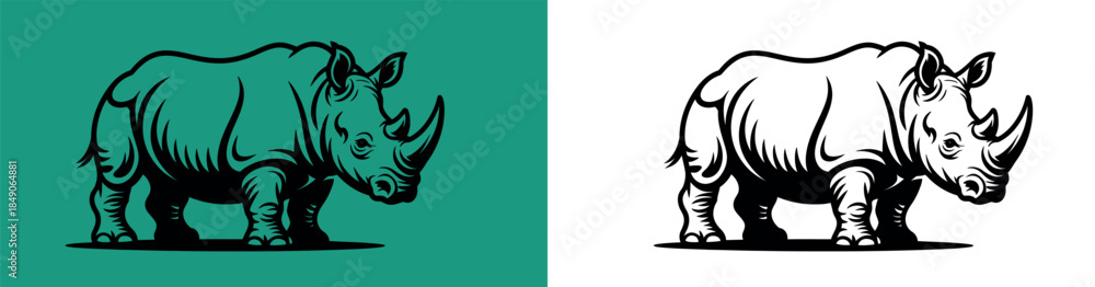 Obraz premium Rhinoceros Illustrations in Green and White