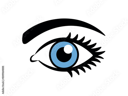 Blue Eye Illustration with Black Eyebrow and Eyelashes on White Background Closeup