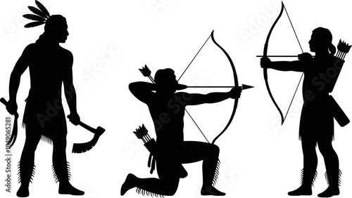 Set of black silhouettes featuring indigenous native American warriors with bows arrows and tomahawk axes isolated on a white background