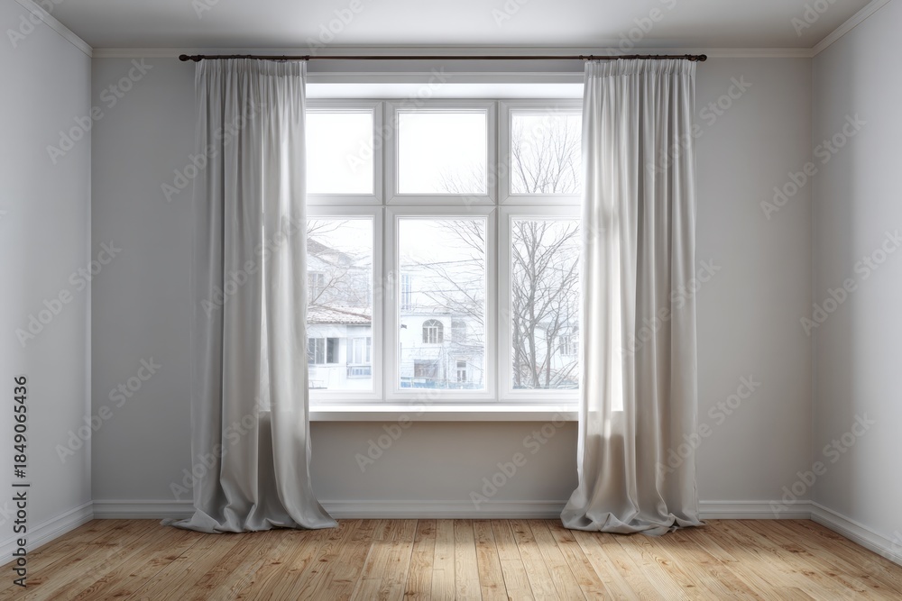 Fototapeta premium Empty room interior features large white window dressed with flowing light colored draperies