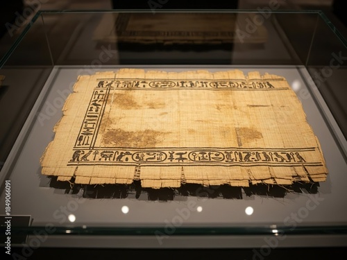 Ancient Egyptian papyrus in glass case with hieroglyphics