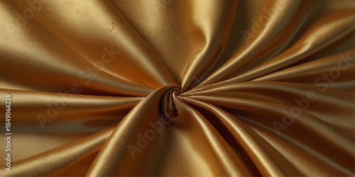 Luxurious flowing gold metallic satin texture with shiny folds, reflective light, smooth abstract fabric surface and elegant glamorous golden background design