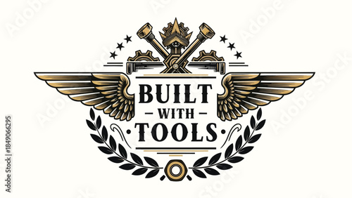 Vintage mechanical workshop emblem with crossed wrenches and gears