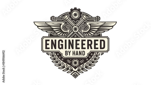 Mechanical emblem with vintage engineering design and wings for craftsmanship