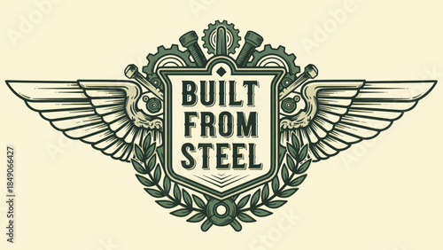 Industrial emblem with wings and shield symbolizing strength and craftsmanship