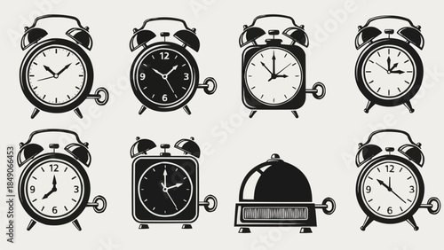 Collection of Vintage Alarm Clocks and a Service Bell.
