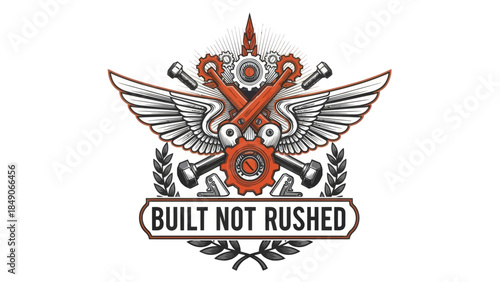 Industrial-inspired emblem with gears tools and wings emphasizing