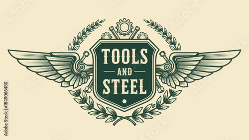 Vintage industrial logo design with wings and gear elements for tools and