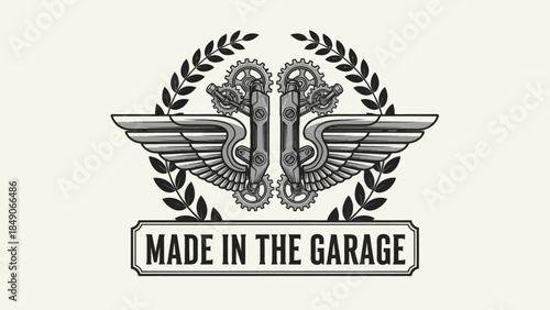 Industrial-inspired emblem showcasing mechanical wings and intricate details