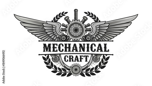 Intricate industrial gear with mechanical wings and laurel wreath design