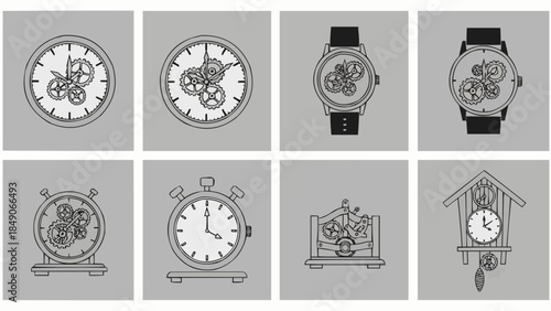 Collection of vintage and modern timepieces showcasing intricate clockwork mechanisms.