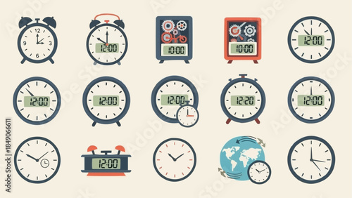 Collection of Various Clocks and Timekeeping Devices Displayed Together.