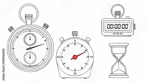 Collection of vintage and modern timekeeping devices including stopwatches and hourglass.