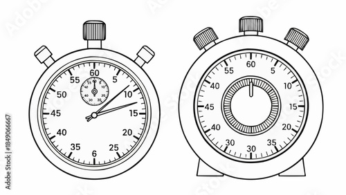 Two vintage stopwatches side by side in a detailed line drawing illustration.