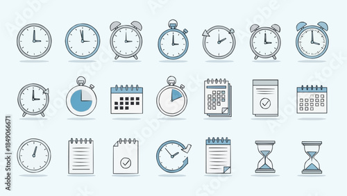 Collection of Time Related Icons Including Clocks Calendars and Hourglasses.