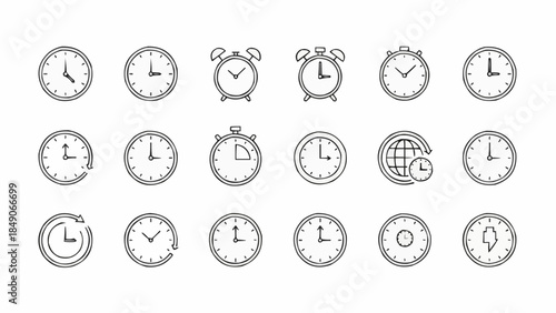 Collection of Various Clock Icons Representing Time and Measurement.