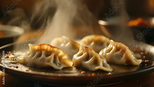 Show dumplings sizzling on a hot plate with steam rising upward and golden crispy edges catching soft warm light in a premium food advertisement style