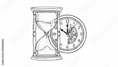 Vintage hourglass and clock symbolizing time passing and history.