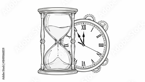 Hourglass and Clock Symbolizing Time Passing.