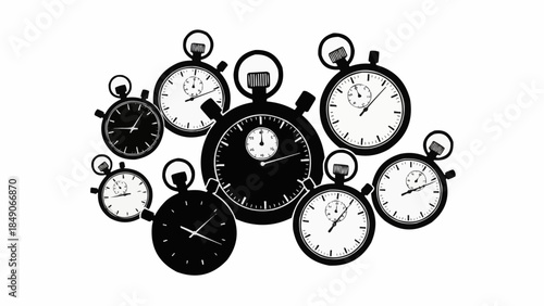 Collection of Vintage Stopwatches and Clocks Displayed Together.