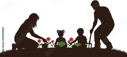 Family gardening silhouette, outdoor planting activity, parents and children teamwork, nature care moment, black vector design, sustainable lifestyle illustration