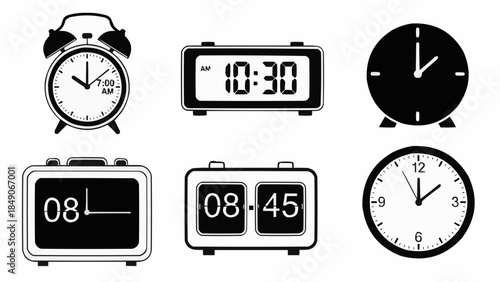 Collection of Six Different Types of Clocks Displaying Various Times.