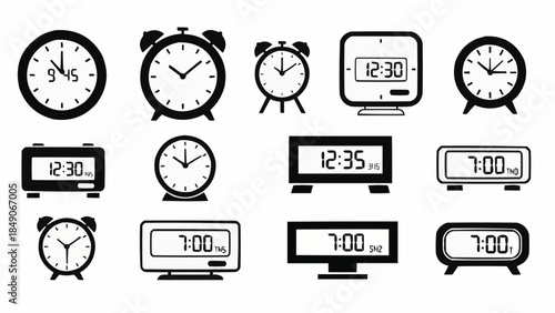 Collection of Various Alarm Clocks and Digital Timepieces Displaying Different Times.