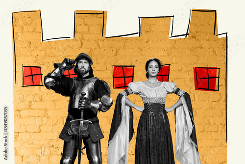 Zine creative photo collage of two minded serious princess girl soldier man hold excalibur sword wear armor stand doodle fortress