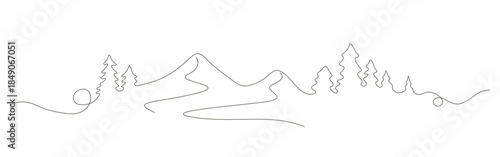 Continuous line drawing of mountains and evergreen trees. nature line art template design.