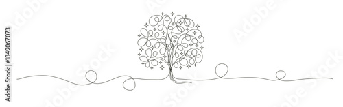Continuous line drawing of oak tree vector design, shady tree with random lines illustration