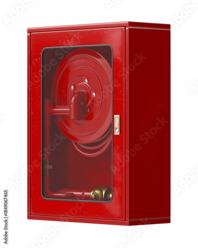 Red fire hose cabinet with coiled hose and brass fittings, isolated on white background