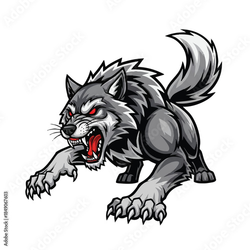 Fierce wolf mascot in a striking aggressive stance is rendered as a dynamic flat 2D vector illustration, isolated on a clean white background, conveying readiness and raw predatory power.