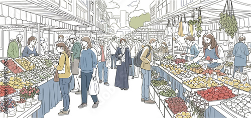 Diverse crowd of shoppers browsing fresh produce at a bustling outdoor farmers market street fair illustration