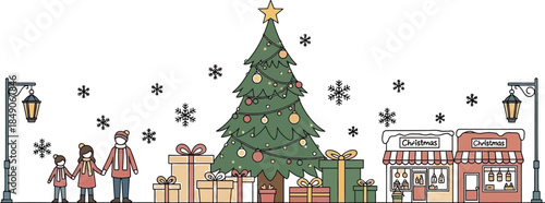 Charming winter holiday scene featuring a family near a decorated Christmas tree surrounded by gifts and quaint snowy storefronts