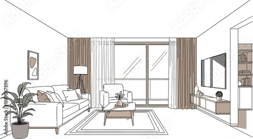 Minimalist living room interior design sketch featuring modern furniture and natural light streaming through large glass doors