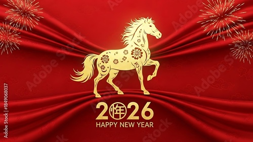 Chinese new year 2026 gold horse on red background with fireworks, happy new year celebration