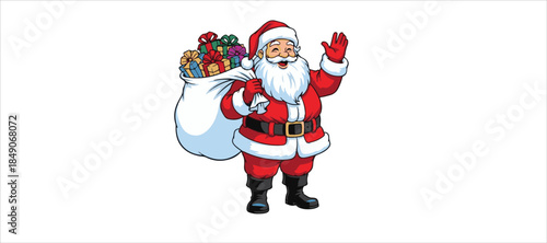 Set of cartoon Christmas illustrations isolated on white. Funny happy Santa Claus character with gift, bag with presents, waving and greeting. 