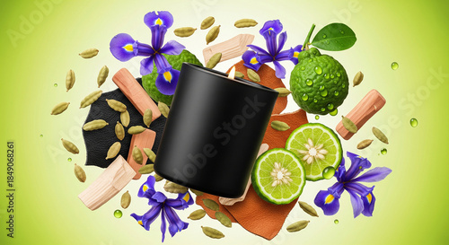 Aromatic ingredients explosion with black container, lime, cardamom, and purple flowers on gradient green background