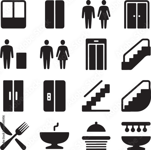 Elevator sign, building facility, public navigation, escalator stairs, restroom symbol, wayfinding icon, lift door, hospitality service
