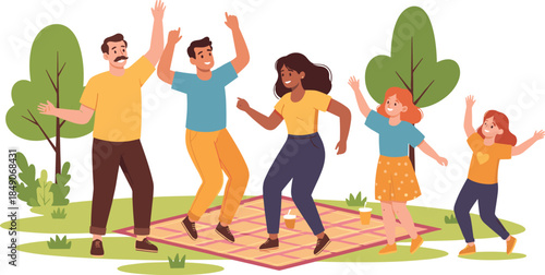 Family picnic celebration, joyful outdoor gathering, dancing together, nature fun, casual clothing, happy moment, park scene, cheerful illustration, bonding time