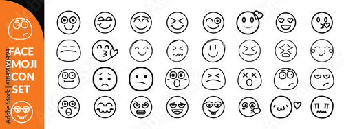 Face emoji icon set. Hand drawn doodle sketch style happy, angry, sad mood face emoticon background. Funny cartoon characters smile, wink, kiss emoji big icon set design. big set